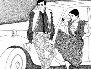 line drawing of fashion models next to expensive car